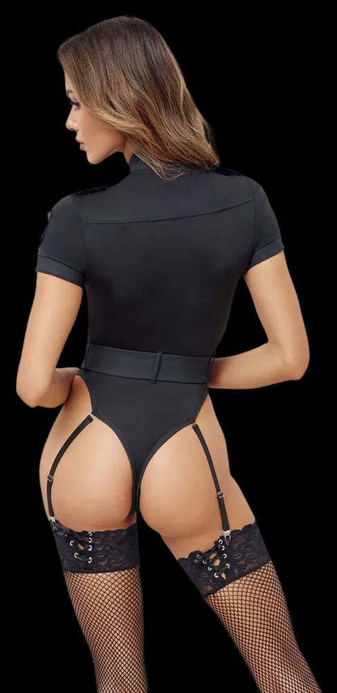 Rückansicht des Cottelli COSTUMES Polizei-Bodys am Model mit schwarzem Stretchmaterial und Strapsen