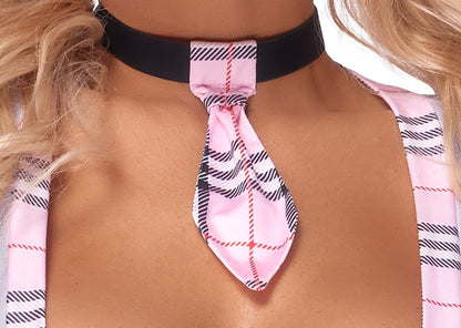Detailansicht des Cottelli COSTUMES Schuluniform-Kostüms mit Karo-Stoff, weißem Powernet und tiefem Dekolleté