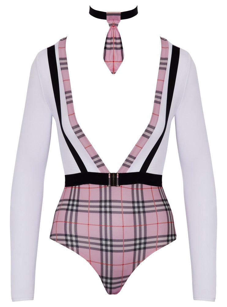 Freisteller des Cottelli COSTUMES Schuluniform-Kostüms mit Langarm-Body, Krawatten-Halsband und Karo-Details