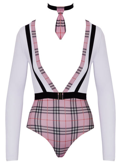 Freisteller des Cottelli COSTUMES Schuluniform-Kostüms mit Langarm-Body, Krawatten-Halsband und Karo-Details