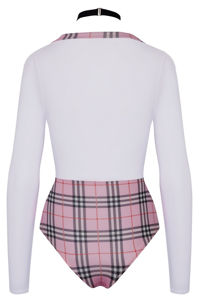 Rückansicht des Cottelli COSTUMES Schuluniform-Kostüms mit weißem Powernet und kariertem Body-Design