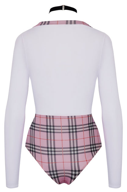 Rückansicht des Cottelli COSTUMES Schuluniform-Kostüms mit weißem Powernet und kariertem Body-Design