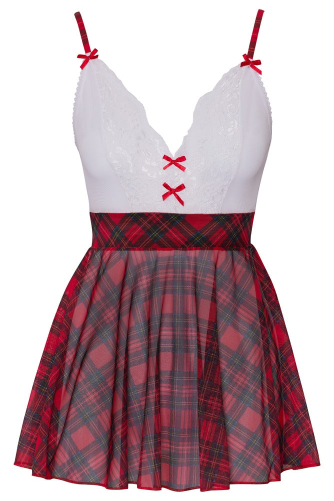 Vorderansicht des kurzen Cottelli COSTUMES Schuluniform-Kostüms mit weißem Oberteil, roten Schleifchen und Karo-Rock