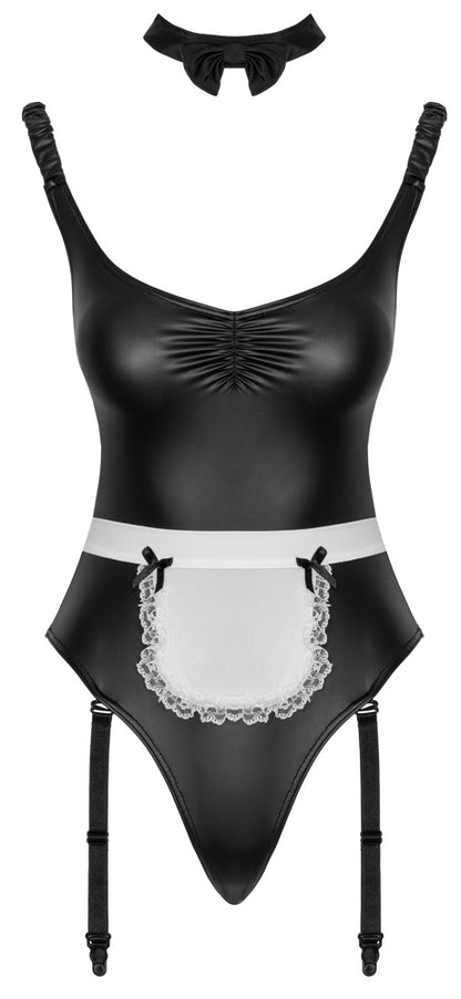 Cottelli COSTUMES Servier-Set als schwarzer Straps-Body mit weißem Schürzchen und Halsband in der Frontansicht