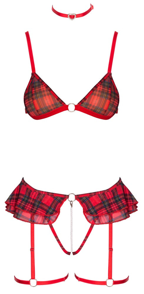 Freisteller des Cottelli COSTUMES Sets mit Soft-BH, Straps-String ouvert und Halsband im Karo-Look