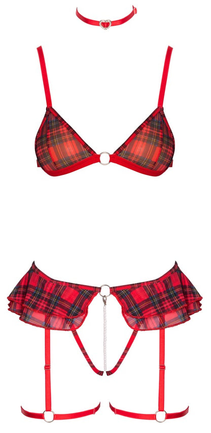 Freisteller des Cottelli COSTUMES Sets mit Soft-BH, Straps-String ouvert und Halsband im Karo-Look
