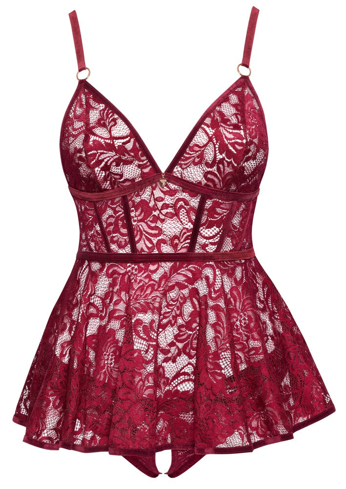 Cottelli CURVES Babydoll mit Ouvert-Slip in Frontansicht aus dunkelroter Spitze