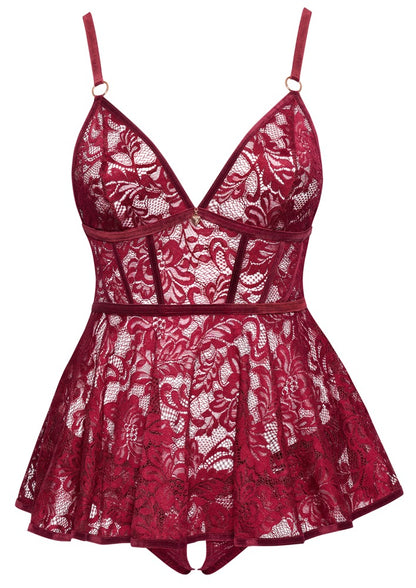 Cottelli CURVES Babydoll mit Ouvert-Slip in Frontansicht aus dunkelroter Spitze