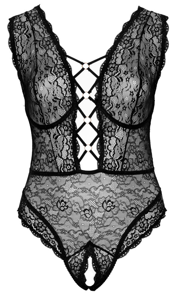 Cottelli CURVES Body ouvert in Frontansicht mit Bügel-Cups, tiefem Dekolleté und schwarzer Spitze