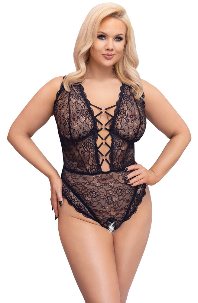 Cottelli CURVES Body ouvert am Model in Frontansicht mit Bügel-Cups, Stretch-Spitze und tiefem Dekolleté