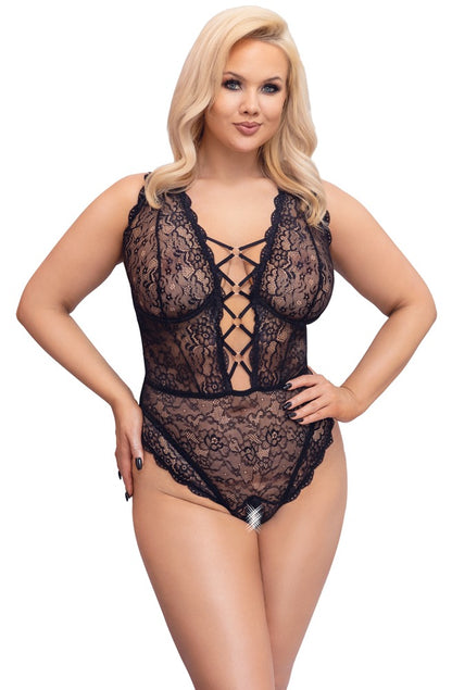 Cottelli CURVES Body ouvert am Model in Frontansicht mit Bügel-Cups, Stretch-Spitze und tiefem Dekolleté
