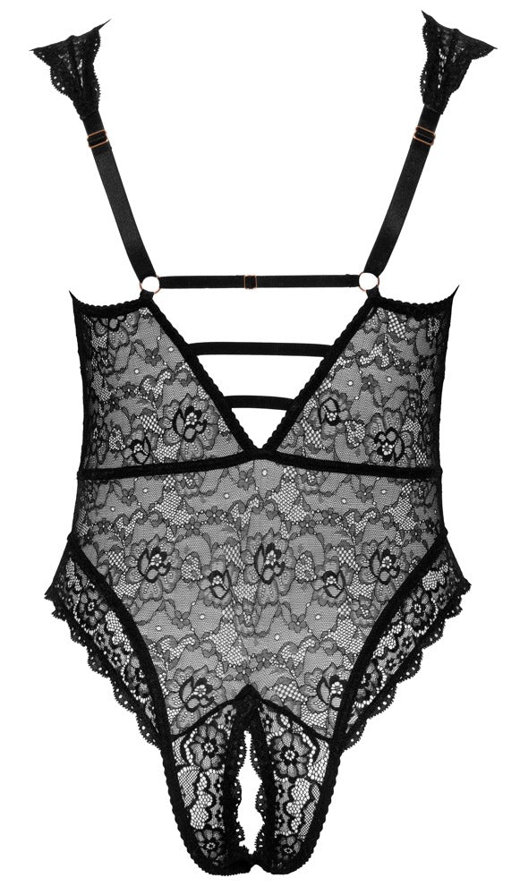 Rückansicht des Cottelli CURVES Body ouvert mit tiefem V-Ausschnitt und dekorativen Stretchbändern
