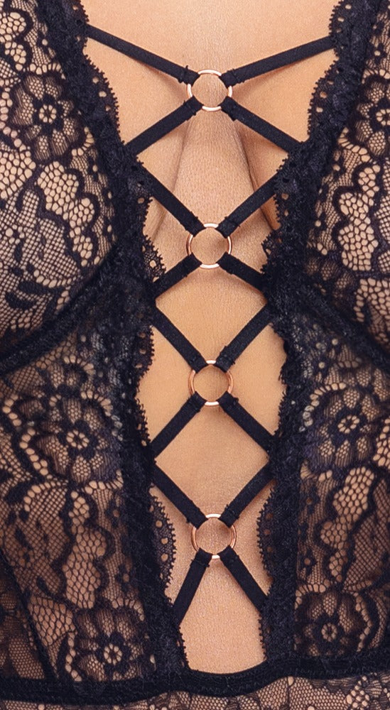 Detailansicht des Cottelli CURVES Body ouvert mit schwarzer Stretch-Spitze, Bändern und roségoldfarbenen Details