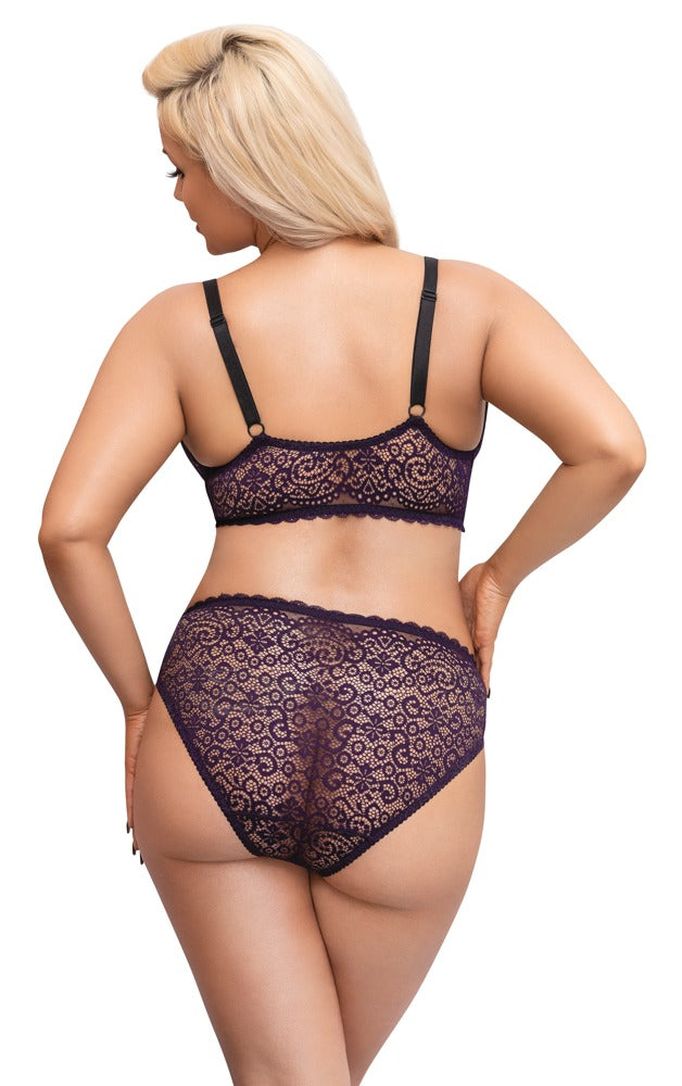 Rückansicht des Cottelli CURVES Bralette-Sets am Model mit weicher lila Spitze