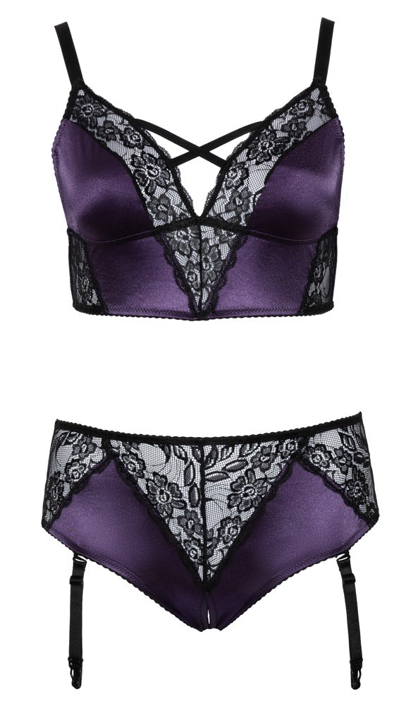 Cottelli CURVES Bralette mit Ouvert-Straps-Slip aus lila Satin und schwarzer Spitze in der Vorderansicht