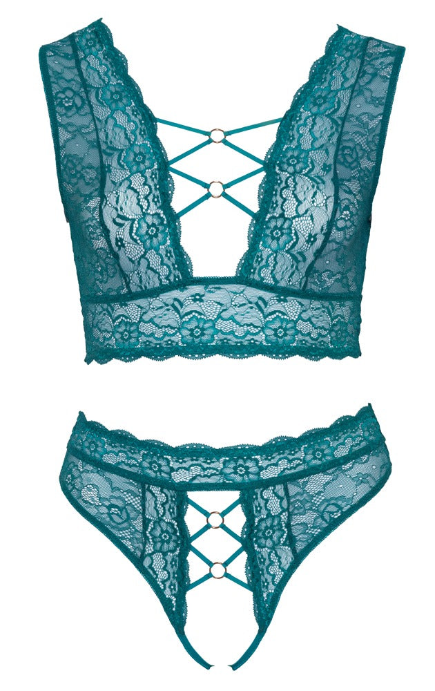 Cottelli CURVES Bralette-Set in Petrol in Frontansicht mit Spitze, Ouvert-String und roségoldfarbenen Ringdetails