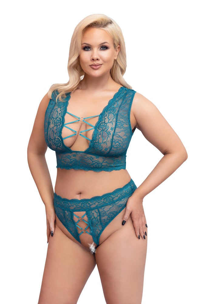 Cottelli CURVES Bralette-Set in Petrol am Model mit tiefem Ausschnitt, Spitze und Ouvert-String
