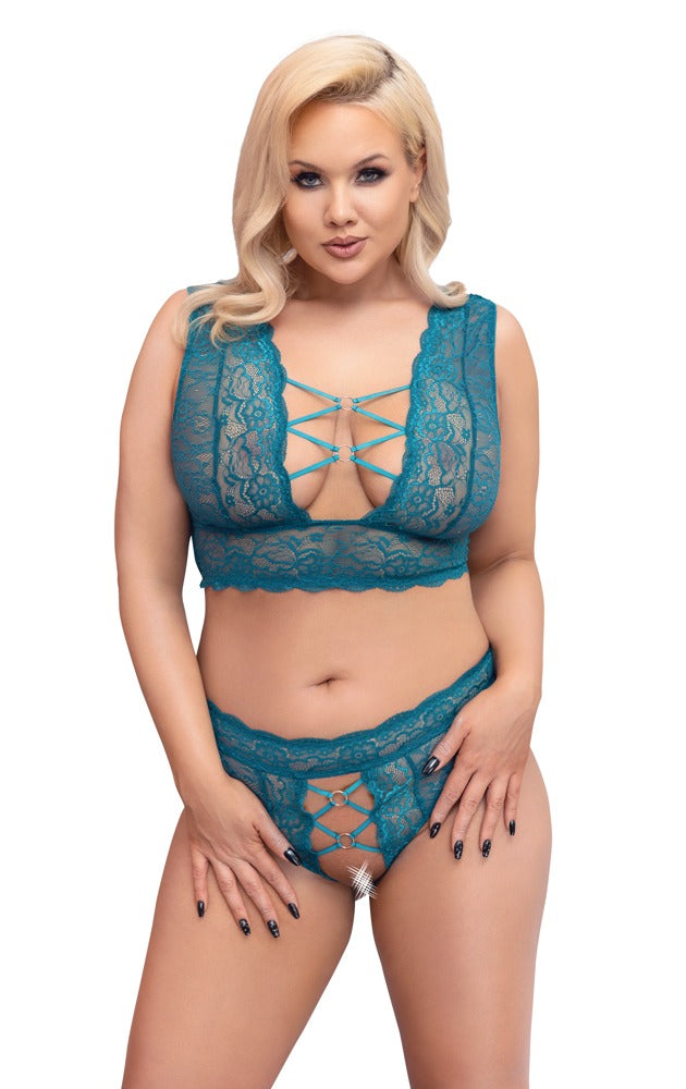 Cottelli CURVES Bralette-Set in Petrol am Model mit roségoldfarbenen Ringen und dekorativen Stretchbändern