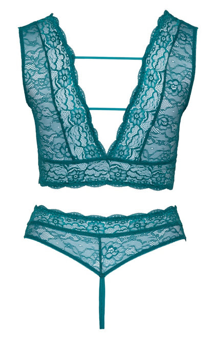 Rückansicht des Cottelli CURVES Bralette-Sets in Petrol mit tief ausgeschnittenem Spitzen-Bralette und String
