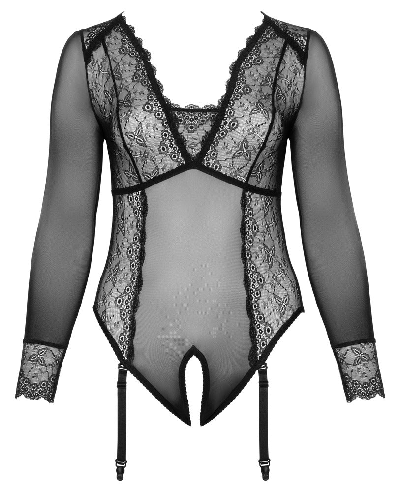 Cottelli CURVES Langarm-Body ouvert in Frontansicht mit transparentem Powernet, Spitze und abnehmbaren Strapsen