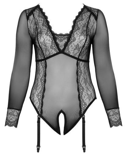 Cottelli CURVES Langarm-Body ouvert in Frontansicht mit transparentem Powernet, Spitze und abnehmbaren Strapsen