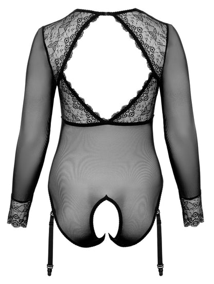 Rückansicht des Cottelli CURVES Langarm-Body ouvert mit großem Rückenausschnitt und offener Po-Partie