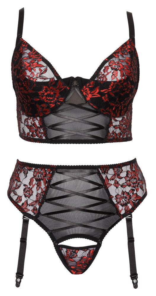 Cottelli CURVES Set aus Longline-BH und Straps-Slip in Frontansicht mit Spitze, Powernet und Satin-Details
