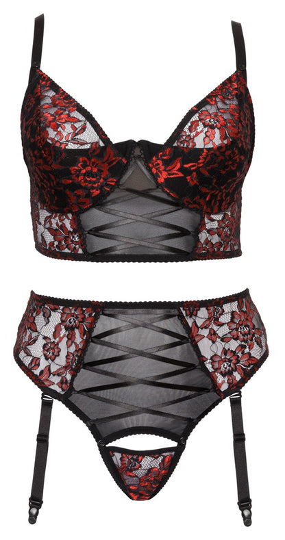 Cottelli CURVES Set aus Longline-BH und Straps-Slip in Frontansicht mit Spitze, Powernet und Satin-Details