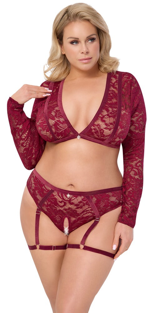 Cottelli CURVES Spitzen-Set am Model mit Langarm-Top, taillenhohem Ouvert-Slip und abnehmbaren Samt-Strapsen