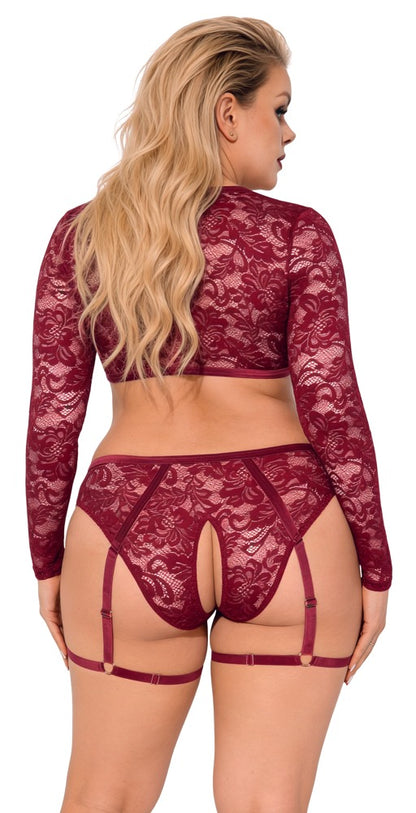 Cottelli CURVES Spitzen-Set am Model in Rückansicht mit dunkelroter Spitze und Straps-Konstruktion