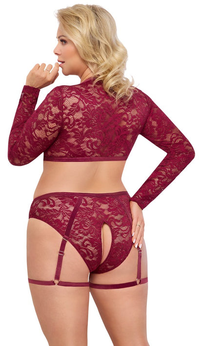 Rückansicht des Cottelli CURVES Spitzen-Sets am Model mit Langarm-Top, Slip und Samt-Schenkelriemen