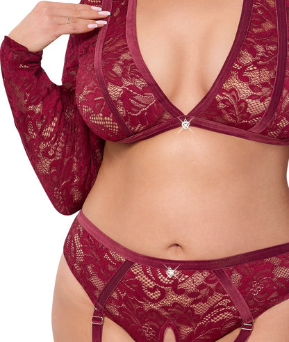 Detail des Cottelli CURVES Langarm-Tops aus dunkelroter Spitze mit Samtbändern und roségoldenem Herzanhänger