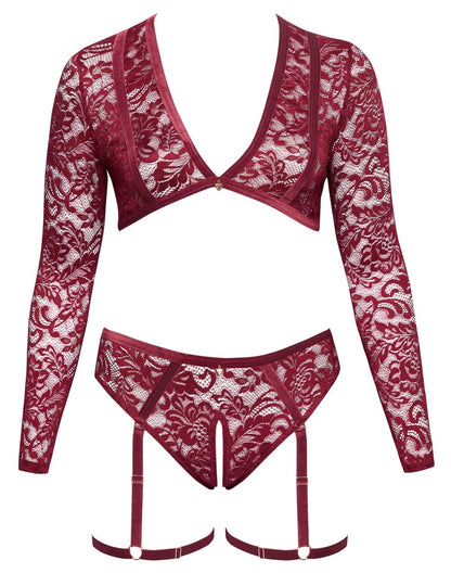 Cottelli CURVES Set in Frontansicht mit dunkelrotem Langarm-Top, Ouvert-Straps-Slip und Samtbändern