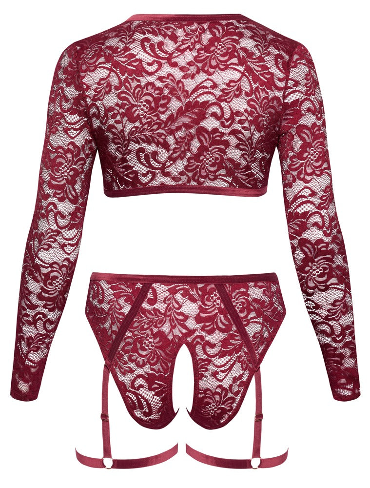 Rückansicht des Cottelli CURVES Spitzen-Sets mit bauchfreiem Langarm-Top und Straps-Slip