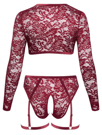 Rückansicht des Cottelli CURVES Spitzen-Sets mit bauchfreiem Langarm-Top und Straps-Slip