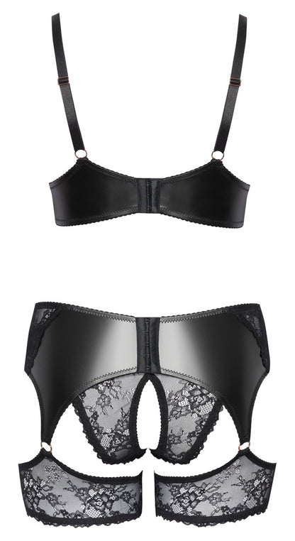 Rückansicht des schwarzen Cottelli CURVES Spitzen-Straps-Sets mit verstellbaren Verschlüssen