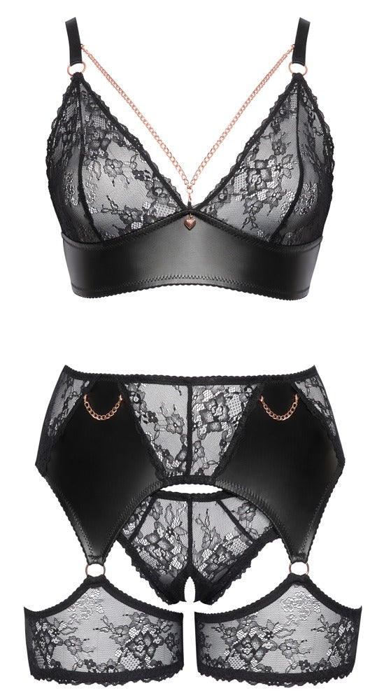 Schwarzes Cottelli CURVES Spitzen-Straps-Set mit Soft-BH, Slip ouvert und Strapsgürtel in Vorderansicht