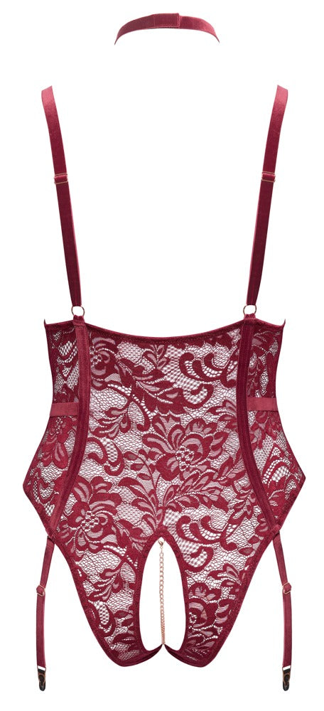 Rückansicht des dunkelroten Cottelli CURVES Straps-Bodys ouvert mit verstellbaren Trägern und offenem Schritt