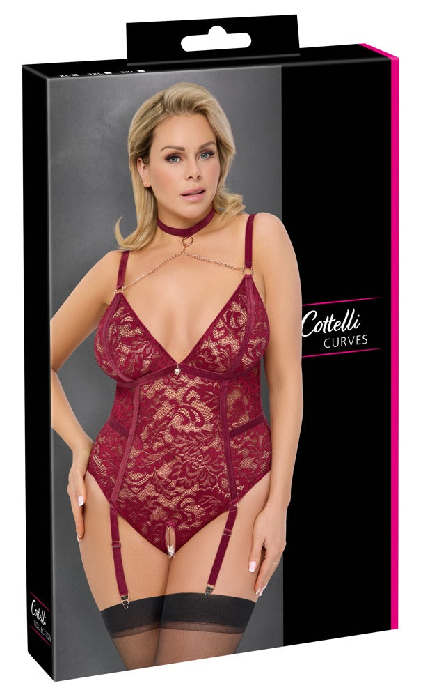 Verpackung des dunkelroten Cottelli CURVES Straps-Bodys ouvert mit Halsband und Schrittkette