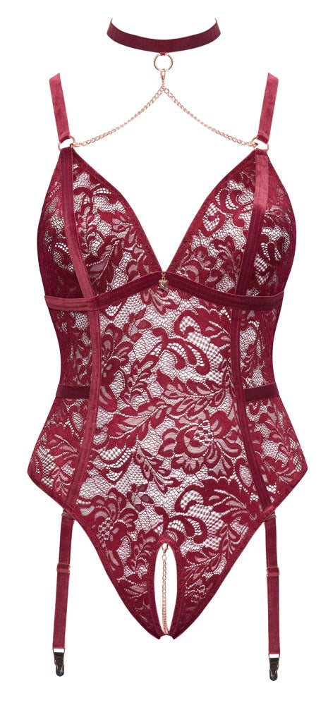 Vorderansicht des dunkelroten Cottelli CURVES Straps-Bodys ouvert mit Halsband, Dekolleté-Ketten und Strapsen
