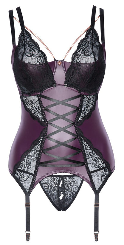 Vorderansicht des Cottelli CURVES Strapshemd-Sets mit String ouvert in Dunkellila und Schwarz