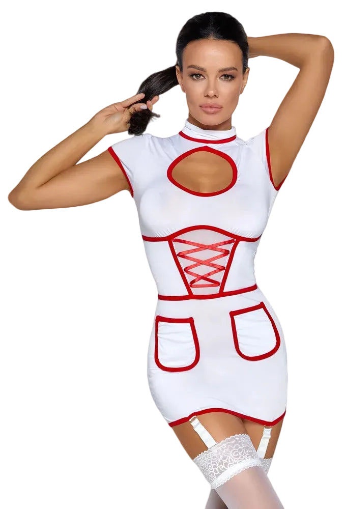 Cottelli COSTUMES Krankenschwester-Kleid in Weiß mit Cut-out und rotem Detail.
