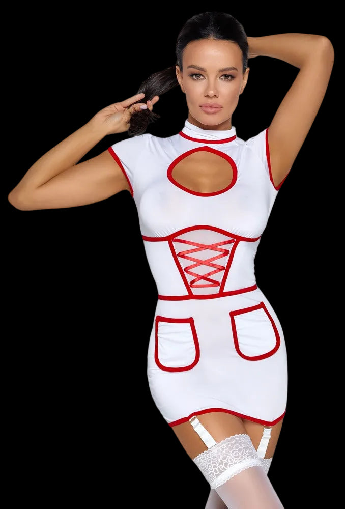Cottelli COSTUMES Krankenschwester-Kleid in Weiß mit Cut-out und rotem Detail.