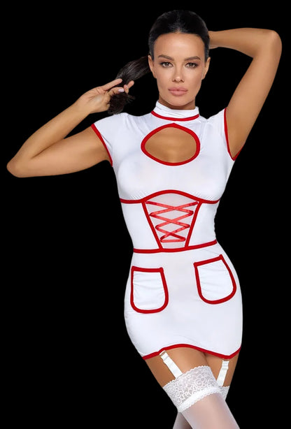 Cottelli COSTUMES Krankenschwester-Kleid in Weiß mit Cut-out und rotem Detail.