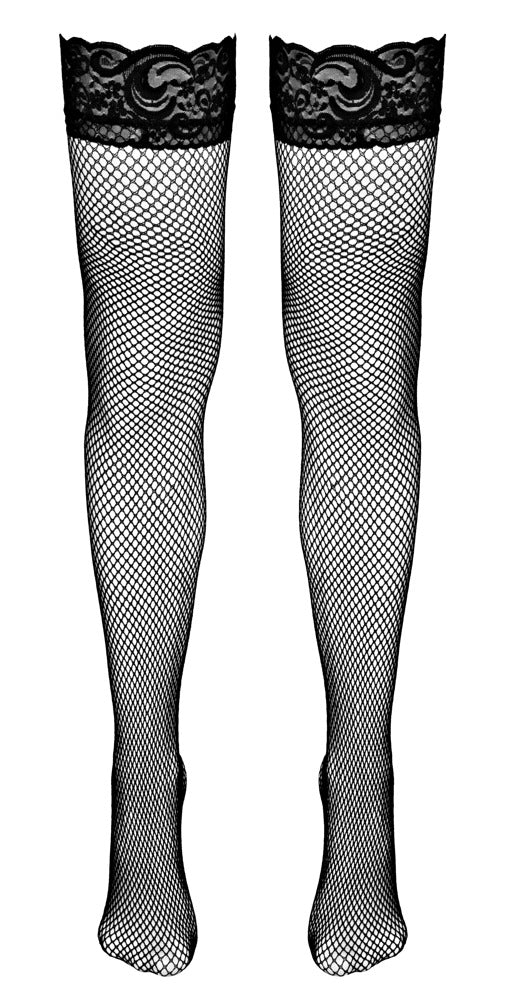 Schwarze Cottelli LEGWEAR halterlose Netzstrümpfe in Frontansicht mit Spitzenabschluss und feinem Netz