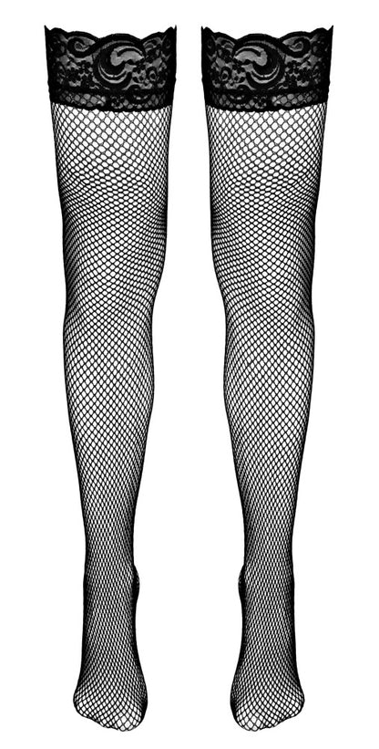Schwarze Cottelli LEGWEAR halterlose Netzstrümpfe in Frontansicht mit Spitzenabschluss und feinem Netz