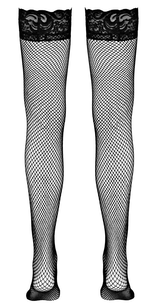 Rückansicht der schwarzen Cottelli LEGWEAR halterlosen Netzstrümpfe mit elegantem Spitzenabschluss
