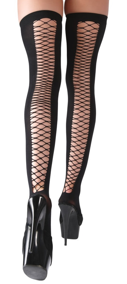 Cottelli LEGWEAR Overknees am Model in Rückansicht mit markanter transparenter Netz-Naht