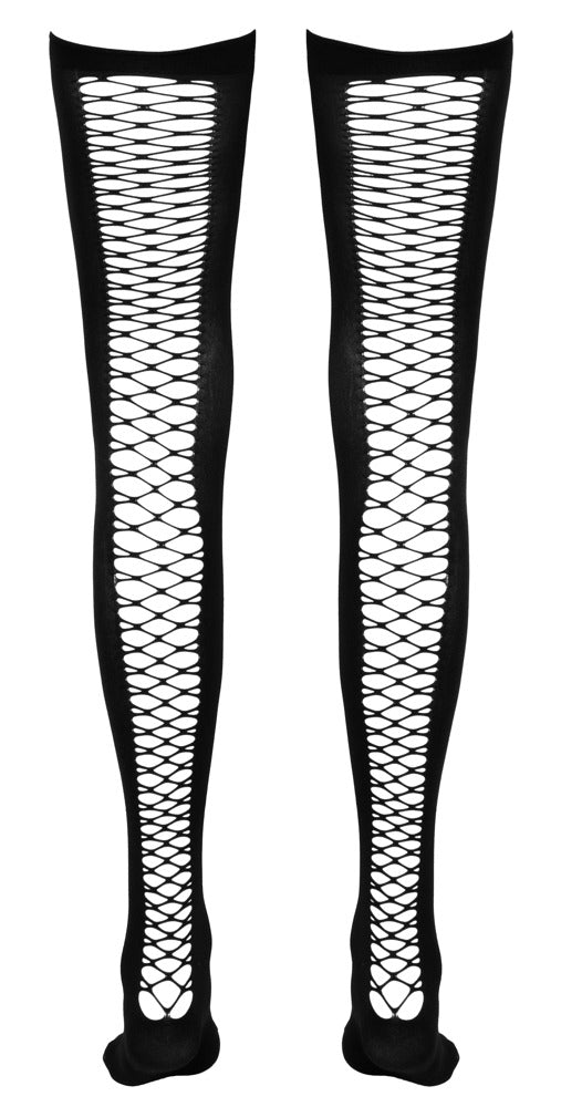 Rückansicht der schwarzen Cottelli LEGWEAR Overknees mit breiter Netz-Naht entlang der Beine