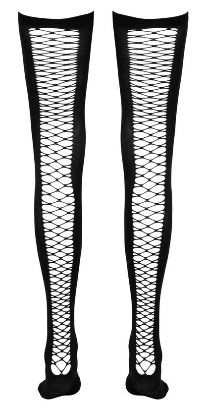 Rückansicht der schwarzen Cottelli LEGWEAR Overknees mit breiter Netz-Naht entlang der Beine